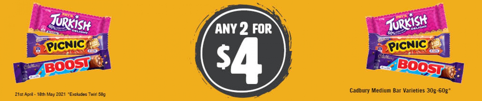 P5_Small Banners_Cadbury Medium Bar Varieties 30g-60g - Any 2 for $4.00 (National) V2
